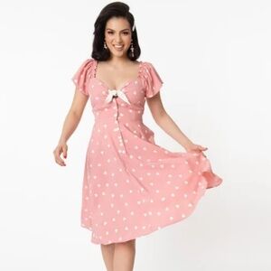 💕Unique vintage Pink Heart Print summer swing Dress m